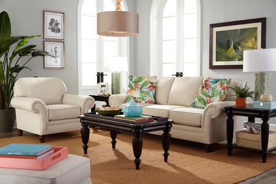 Stone & Leigh Furniture Larissa Rolled Arm Sofa with Tropical Pillows